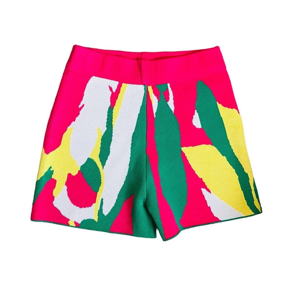 Pink Green White Yellow Tropical Knit Shorts Small